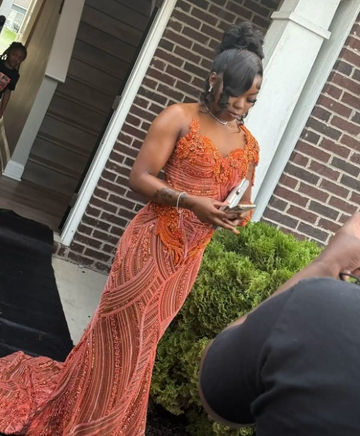 Niulatu Asymmetric Neck Sheath Long Prom Dress Beaded Tulle Orange Evening Dress HZ1026
